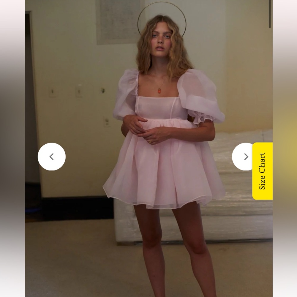 Selkie Pale Pink Mini Dress with Sheer Puff Sleeves